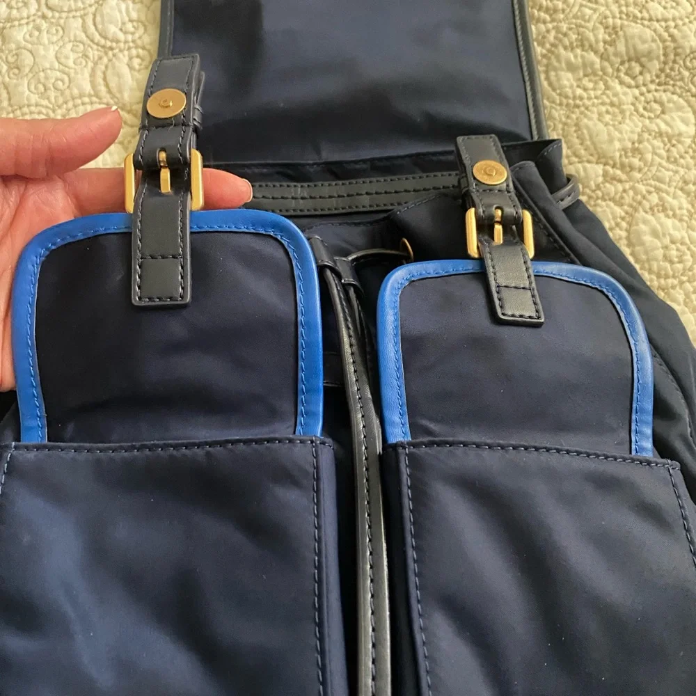 Tory Burch Navy Backpack with Tan Top Handle and Blue Trim